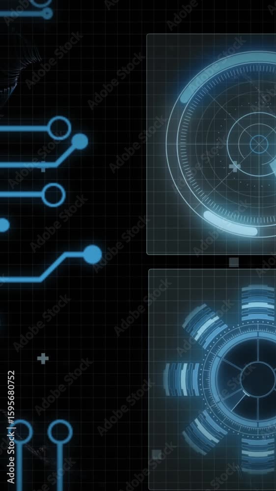 Poster animation of scope scanning and data processing over screens and computer circuit board