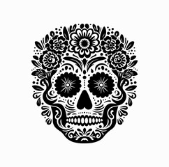 Day of the Dead Skull Mask Silhouette with Marigold Flowers &ndash; Mexican Cultural Vector