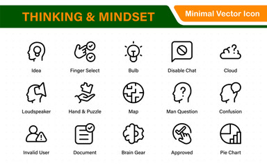Thinking and Mindset Line Icons. Strategy, analysis, innovation, problem‑solving, rational ideas, Logic, reasoning, solutions, planning, Evaluate, solve, reason, plan with modern line‑style icons.