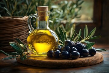 Glass bottle of golden olive oil with cork stopper next to a pile of fresh black olives and green olive leaves on rustic wooden board in warm natural light