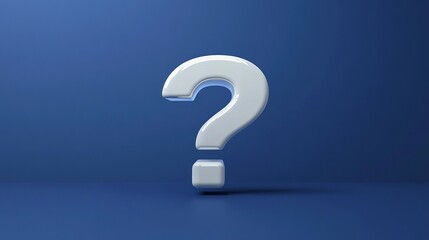 Glossy white question mark standing on a reflective blue surface against a smooth blue gradient background evoking curiosity and inquiry