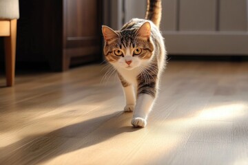 Close-up of a curious tabby cat walking confidently on a sunlit wooden floor in a cozy indoor setting
