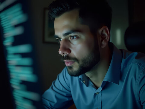 Jeune développeur concentré sur son écran en pleine nuit, codant un projet in
