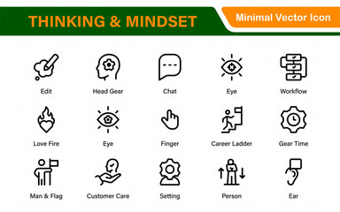 Thinking and Mindset Line Icons. Strategy, analysis, innovation, problem‑solving, rational ideas, Logic, reasoning, solutions, planning, Evaluate, solve, reason, plan with modern line‑style icons.
