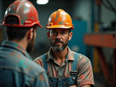 Dialogue entre ouvriers en pleine inspection de s&eacute;curit&eacute; dans un atelier industriel en activit&eacute; constante
