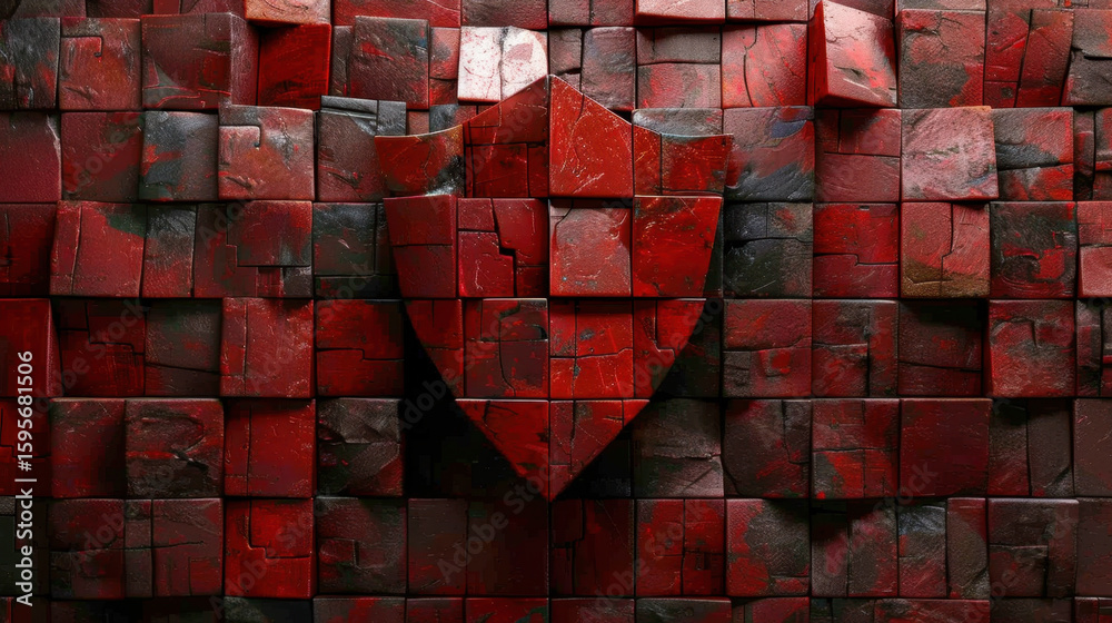 Poster red abstract shield design with textured background of interlocking red blocks, symbolizing protecti