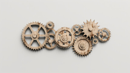 Abstract gears interlocking with soft shadows create visually striking composition, showcasing intricate details and textures that evoke sense of mechanical elegance