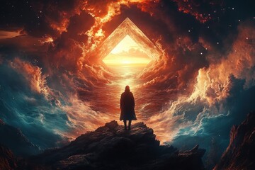 Silhouetted figure standing on rocky terrain facing a glowing triangular portal in a dramatic swirling sky of fiery orange and deep blue hues, evoking mystery and awe