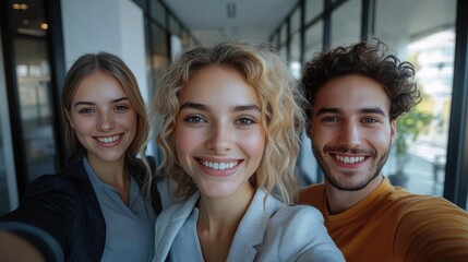 Three young adults smiling and taking a selfie together in a modern office corridor with glass walls, radiating happiness and friendliness
