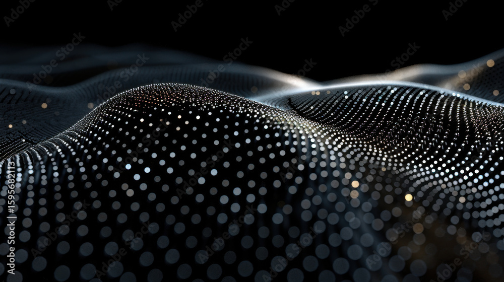 Poster mesmerizing abstract representation of light dots creating glowing swirl effect, resembling waves in