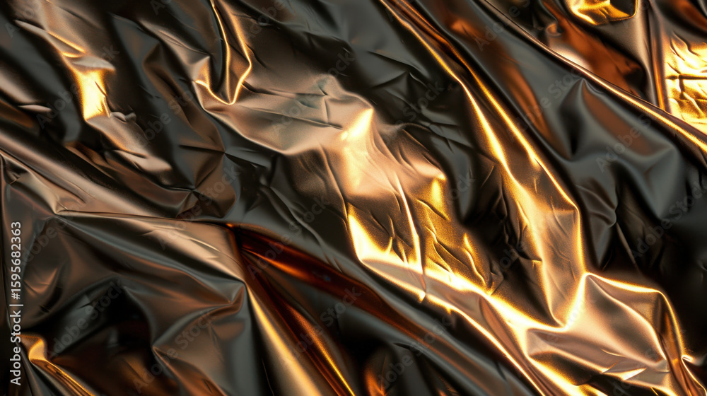 Poster shiny metallic foil texture with crinkled surface, reflecting light in warm tones, creating abstract