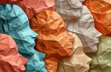 Close-up of multiple crumpled textured colored paper cutouts shaped as human profiles overlapping each other, symbolizing diversity and unity