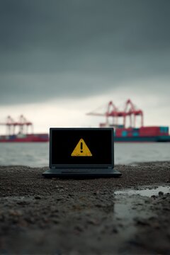 Laptop showing alert of shipping regulation change, global trade disruption
