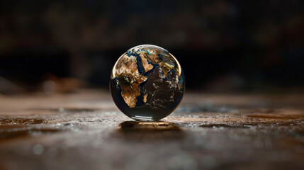 Abstract planet Earth inside glass sphere, floating gracefully on reflective surface, showcasing intricate details of continents and oceans, evoking sense of wonder and beauty
