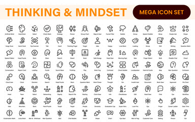 Thinking and Mindset Line Icons. Strategy, analysis, innovation, problem‑solving, rational ideas, Logic, reasoning, solutions, planning, Evaluate, solve, reason, plan with modern line‑style icons.