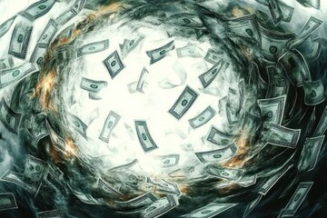 A swirling vortex of paper money notes spiraling inward surrounded by smoky clouds and flickers of fire creating a chaotic and intense atmosphere
