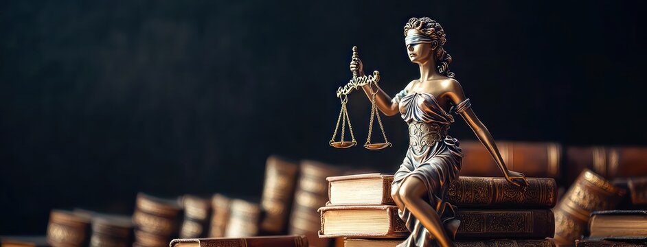 Bronze statue of blindfolded lady holding scales of justice placed on a stack of vintage legal books against a dark background, symbolizing fairness and law
