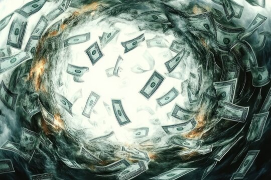 A swirling vortex of paper money notes spiraling inward surrounded by smoky clouds and flickers of fire creating a chaotic and intense atmosphere - Powered by Adobe