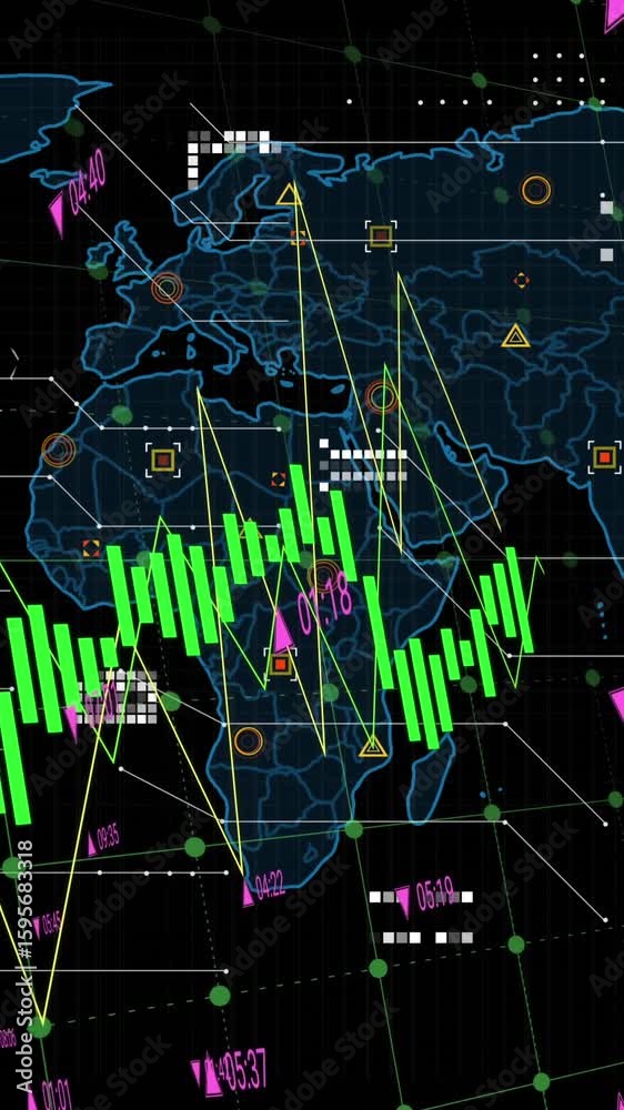 Poster animation of data processing over world map against black background