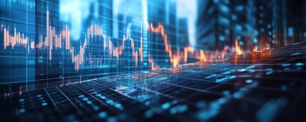 Digital financial data visualization with fluctuating orange line graph over a blue cityscape background representing market trends and economic activity