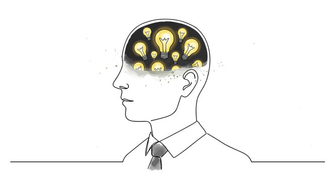 One line drawing of a businessman&rsquo;s head with bright, scattered light bulbs inside against a dark empty space &mdash; symbolizing availability heuristic &mdash; watercolor fill, minimalistic, on white background