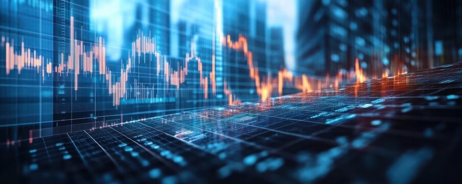 Digital financial data visualization with fluctuating orange line graph over a blue cityscape background representing market trends and economic activity - Powered by Adobe