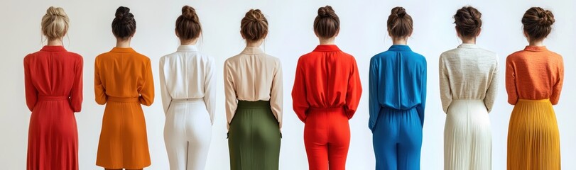 Rear view of eight women standing side by side wearing colorful dresses and skirts with their hair styled in buns against a white background