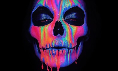 Face painted with neon colors to resemble a glowing skull with melting paint effect on black background, conveying eerie and vibrant atmosphere