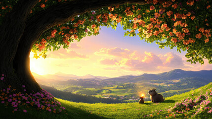 Peaceful Sunset Scene with Animals Under Blooming Tree Canopy