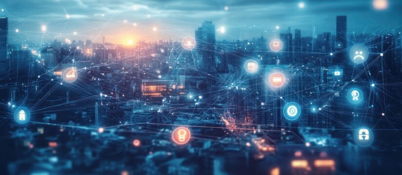 Futuristic cityscape at dusk with digital icons and blue network connections symbolizing smart technology and digital communication