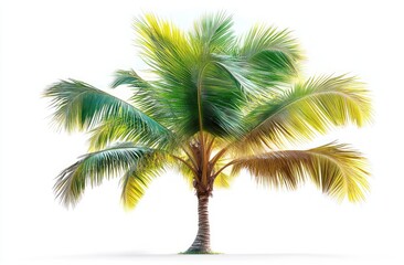 Fototapeta premium Single tropical palm tree with lush green and yellow fronds standing isolated on a white background