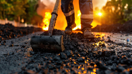 Worker in safety gear is using shovel to move asphalt on construction site, with dramatic background of flames and smoke, creating sense of urgency and intensity