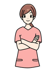 女性看護師の正面立ちポーズ　スクラブ　上半身　腕組み
