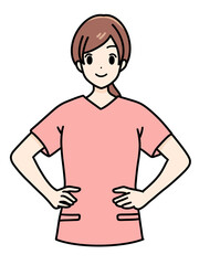 女性看護師の正面立ちポーズ　スクラブ　上半身　腰に両手を当てる