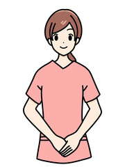 女性看護師の正面立ちポーズ　スクラブ　上半身　体の前で手を重ねる