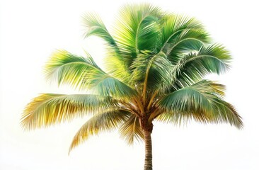 Tall single palm tree with vibrant green and yellow fronds isolated on white background