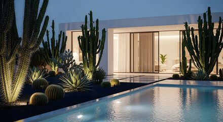 Pool and Cactus Garden at Night