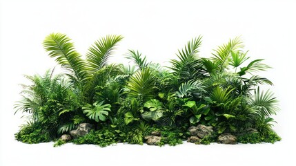 Dense arrangement of various tropical green plants and ferns with rocks on a white background creating a lush and vibrant natural display