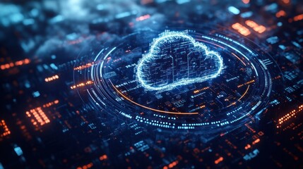 Glowing digital cloud icon surrounded by circular data visualizations and complex circuitry pattern in a futuristic cyber environment