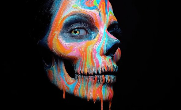 close-up of a face painted with vibrant neon colors resembling a melting skull with intense eyes looking sideways against a black background - Powered by Adobe