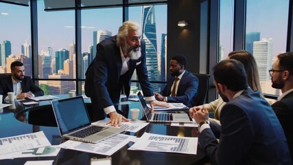 diverse business team collaboratively discussing development plans, focusing on mature bearded professional sharing insights with colleagues at round table - Powered by Adobe