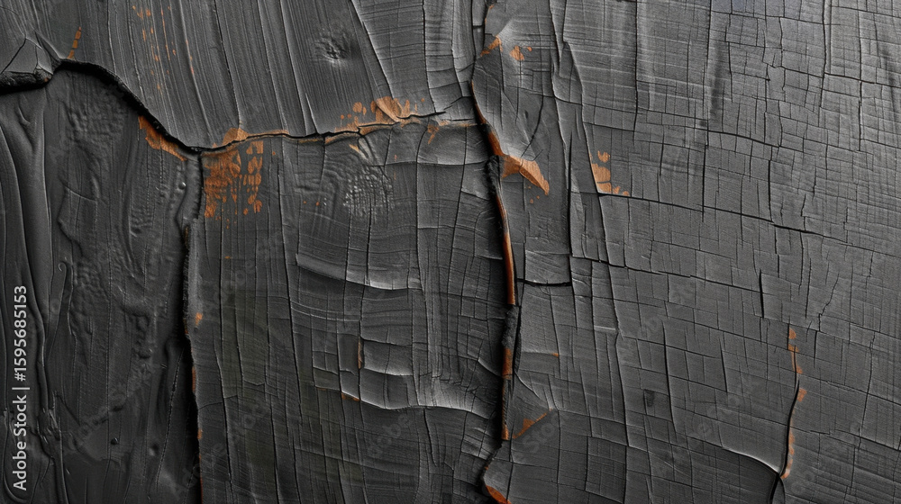 Poster close up view of textured black surface showcasing intricate patterns and scratches, evoking industr