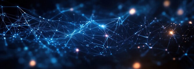 Abstract digital network with interconnected glowing blue nodes and lines on a dark background conveying a sense of connectivity and technology