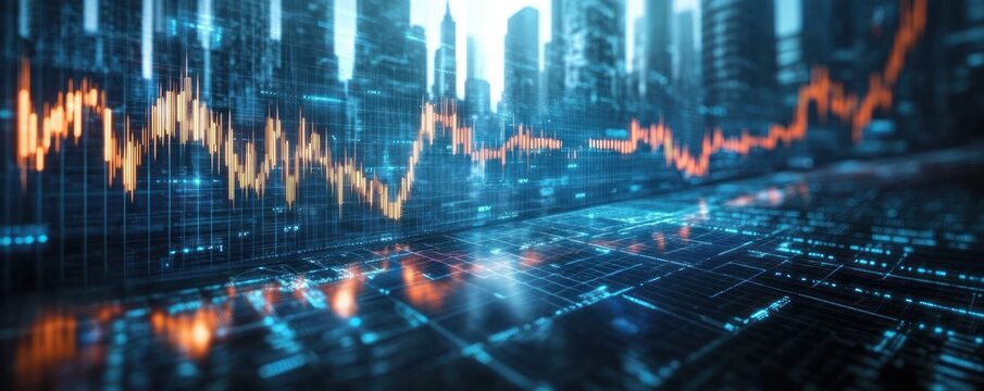 Abstract digital cityscape with glowing skyscrapers and fluctuating line graph data over futuristic reflective surface conveying technology and financial analytics