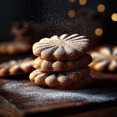 Close-up of three round flower-shaped cookies stacked on a wooden surface with powdered sugar dust falling gently on top, warm lighting creating a cozy atmosphere