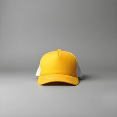 Fototapeta premium blank yellow and white trucker hat mockup isolated on gray background