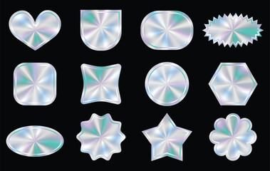 Abstract shapes sticker hologram color set. Trendy retro 90s style. Vector geometric illustration, shape and icon design