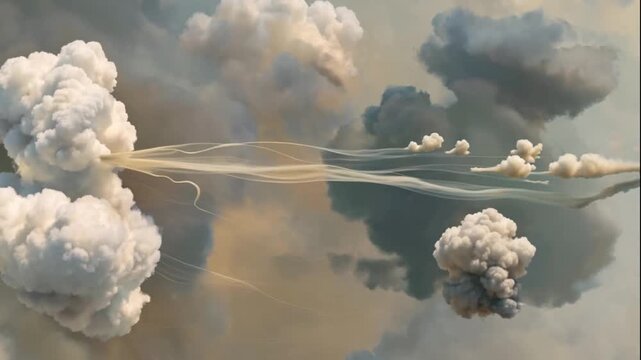 A background filled with abstract cloud shapes in soft gray, beige, and cream with smooth transitions.

