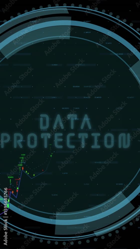 Poster animation of multiple graphs over data protection text, shield in circles against changing numbers