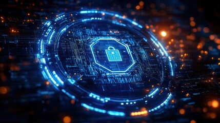 Futuristic digital interface with glowing blue lock icon symbolizing cybersecurity and data protection surrounded by circuit board and orange light highlights